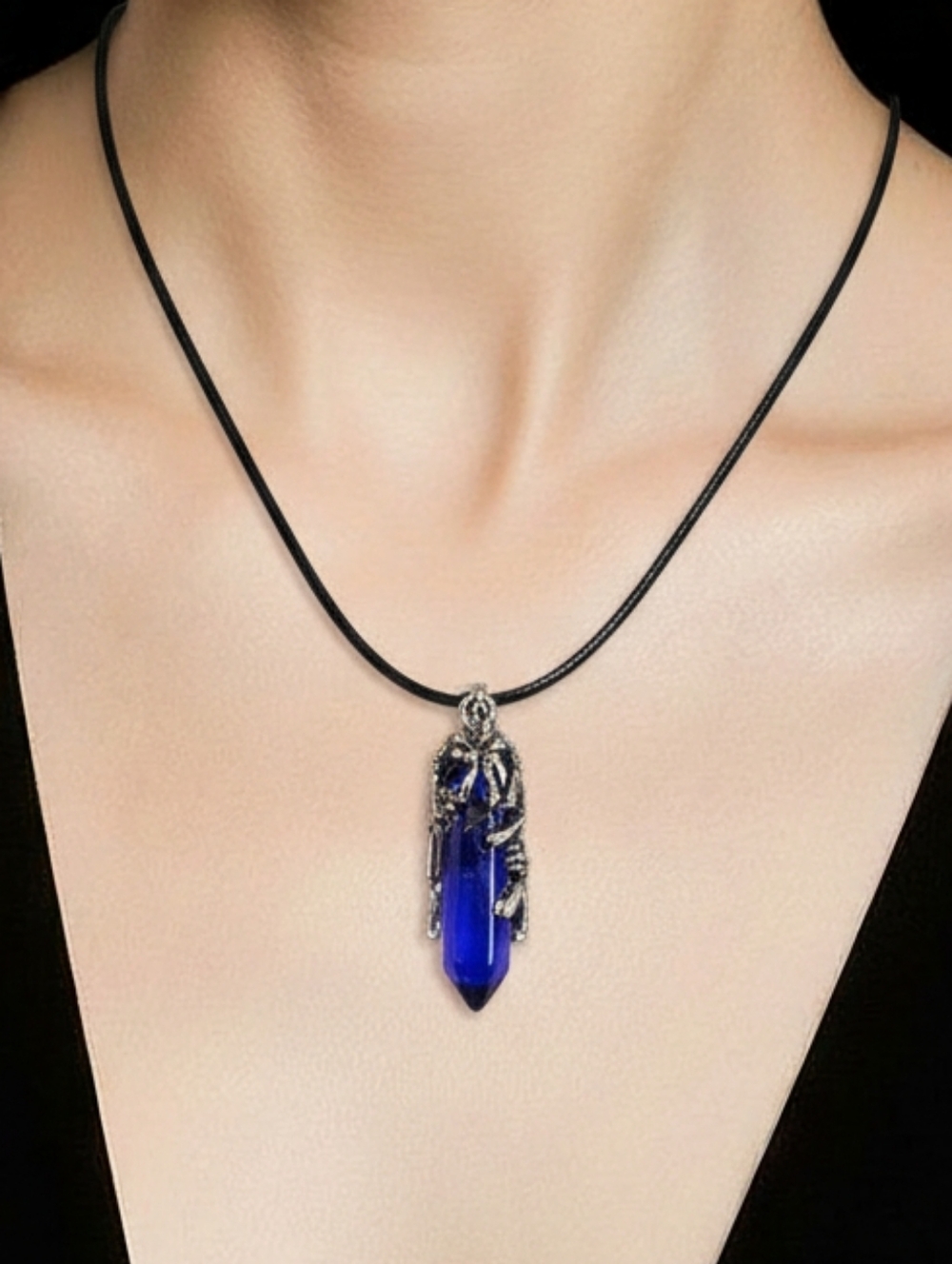 Blue Crystal Point Pendant Necklace Dragon Claw Fantasy Gothic Witchy Jewelry